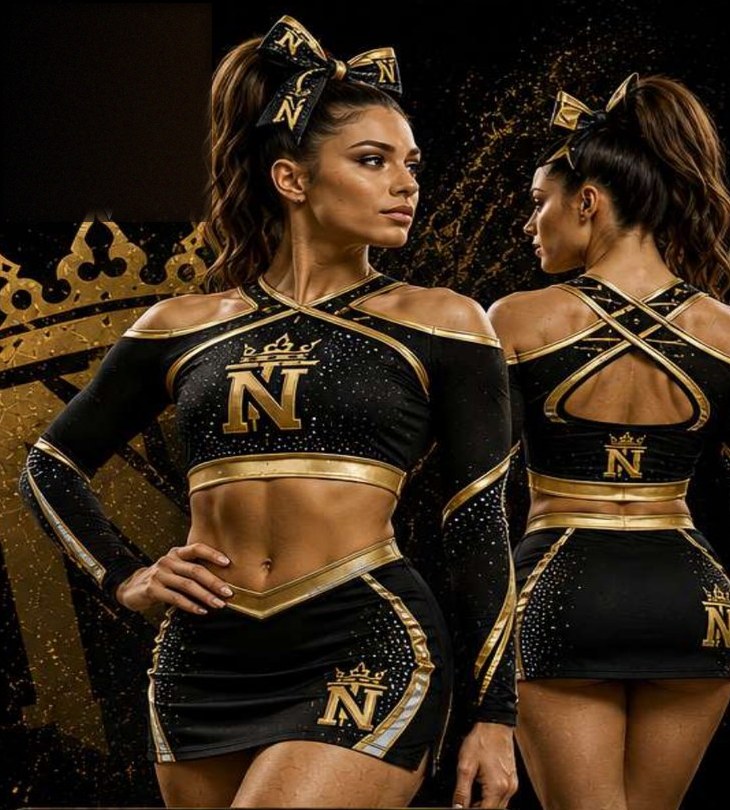 Two cheerleaders in black and metallic gold Top Notch Sports custom uniforms, front and back view
