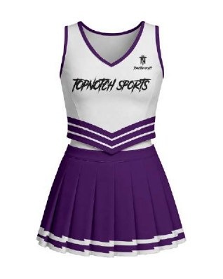 The same cheerleading uniform design in the catalog purple and white colorway